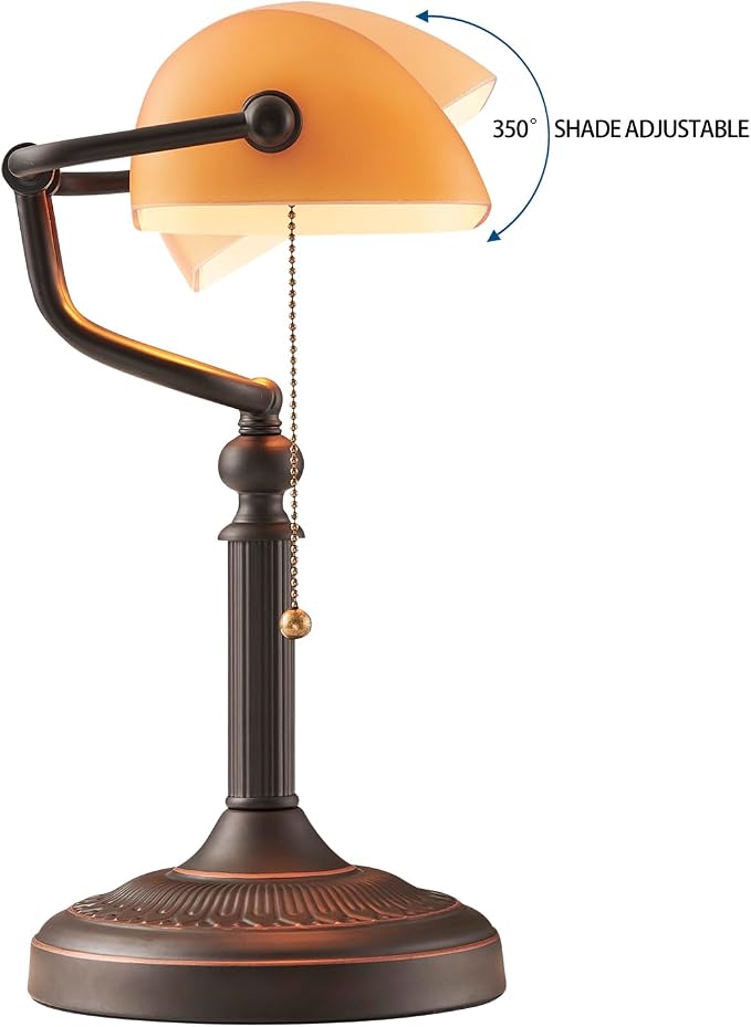 Matted Orange Glass Bankers Desk Lamp with Pull Chain Switch Plug in Fixture | Pull Chain Switch Plug in Fixture