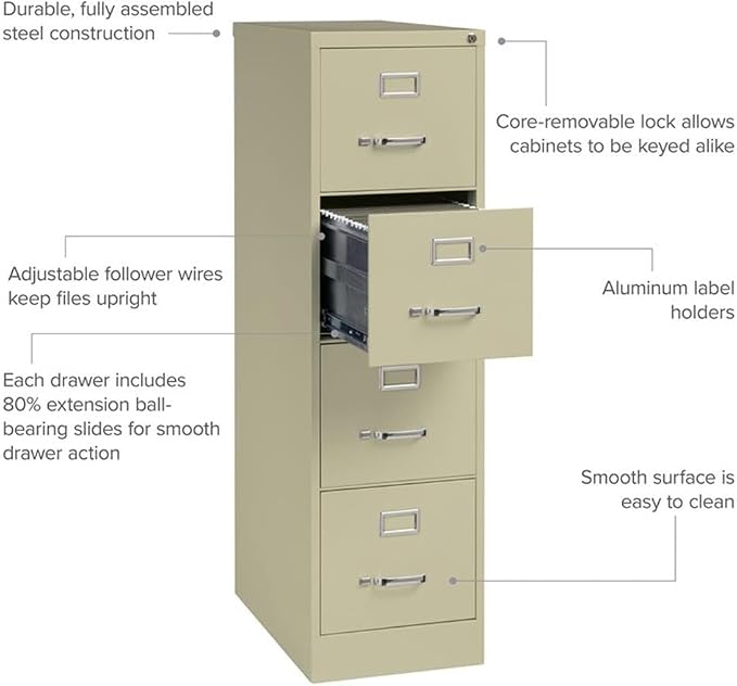 Scranton & Co Metal 4-Drawer Vertical File Cabinet, 25"D, Beige Finish, Letter Width, Commercial Grade Steel, Ball-Bearing Suspension, Core-Removable Lock, Greenguard Certified Office Storage Solution