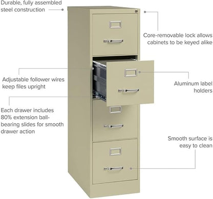 Scranton & Co Metal 4-Drawer Vertical File Cabinet, 25"D, Beige Finish, Letter Width, Commercial Grade Steel, Ball-Bearing Suspension, Core-Removable Lock, Greenguard Certified Office Storage Solution