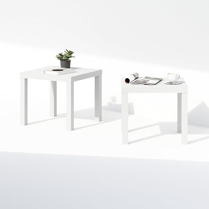 Furinno Classic Coffee Table Set of 2, Square Modern Coffee Table with Triple Thick Tabletop, Side Table with 4 Legs, for Living Room, Bedroom, Home Office, White