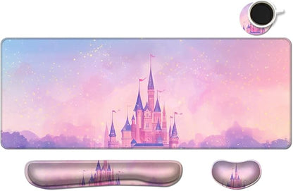 Desk Mat, Large Gaming Mouse Pad with Wrist Rest, 4 in1 XXL Mouse pad+Keyboard Wrist Rest+Mouse Pad Wrist Support+Cup Coaster Set, Ergonomic Desk Pad for Home Office,Pink Castle