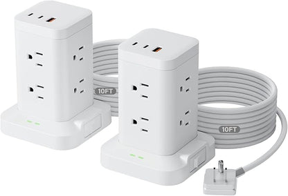 2Pack Power Strip Tower with Surge Protector 1800J, Fast Charging Tower PD20W USB-C Ports with 8 AC Outlets, 10ft Extension Cord for Home Office Dorm Room, White