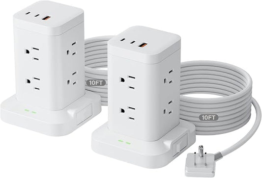 2Pack Power Strip Tower with Surge Protector 1800J, Fast Charging Tower PD20W USB-C Ports with 8 AC Outlets, 10ft Extension Cord for Home Office Dorm Room, White