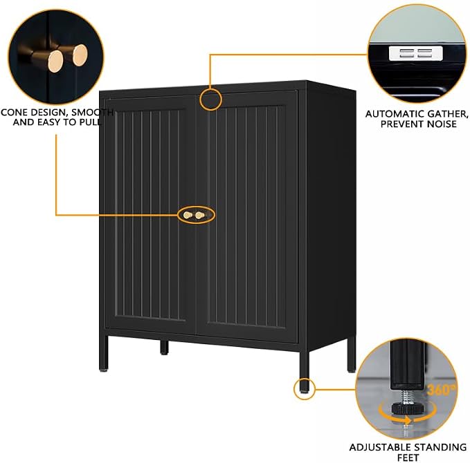 2 Door Metal Storage Cabinet-Small Bathroom Storage Cabinet with 1 Adjustable Shelf,Freestanding Sideboard for Home Office, Living Room, Hallway, Entryway(Striped Door, Black)