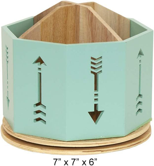Spinning Desktop Stationary Organizer – Decorative Wooden Rotating Pen and Pencil Cup – 4 Compartment Teal Desk and Table Top Office Supplies Station with Arrow Design - by Designstyles