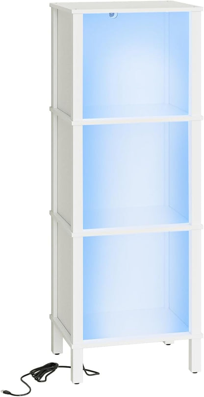 Bookshelf with LED Lights, Modern 3-Tier Bookcase, Open Storage Book Shelf, 11 × 14.2 × 38.9 Inches, Small Narrow Bookshelves for Living Room, Home Office, Bedroom, White