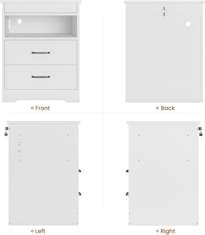 DICTAC Nightstand Set of 2 with Charging Station and LED Lights, Bedside Table with Lockable Sliding Desktop, Modern Night Stand with Storage Drawers and Open Shelf, End Table for Bedroom, Home Office