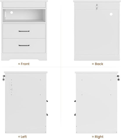 DICTAC Nightstand Set of 2 with Charging Station and LED Lights, Bedside Table with Lockable Sliding Desktop, Modern Night Stand with Storage Drawers and Open Shelf, End Table for Bedroom, Home Office