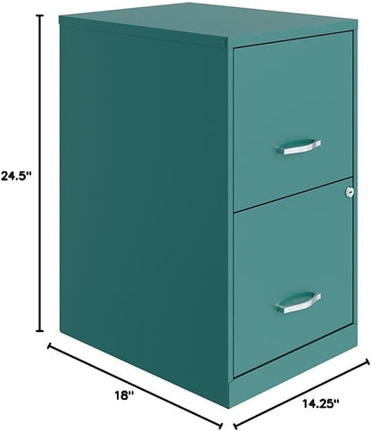 Scranton & Co 2-Drawer Metal File Cabinet, 18" Deep, Painted Steel, Teal/Turquoise Finish, Locking High-Side Drawers for Letter Files, Smooth Glide Suspension, Compact Home or Office Storage Solution