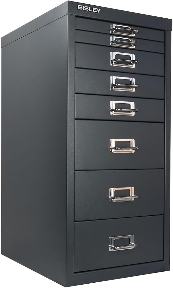 Bisley 8-Drawer Steel MultiDrawer Cabinet - Anthracite Grey | Chrome Pull Handles with Label Holders, Powder-Coated Steel, Removable Drawers, Fits Under Most Desks, Labels Included
