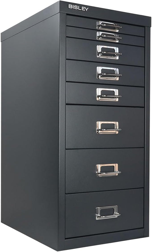 Bisley 8-Drawer Steel MultiDrawer Cabinet - Anthracite Grey | Chrome Pull Handles with Label Holders, Powder-Coated Steel, Removable Drawers, Fits Under Most Desks, Labels Included
