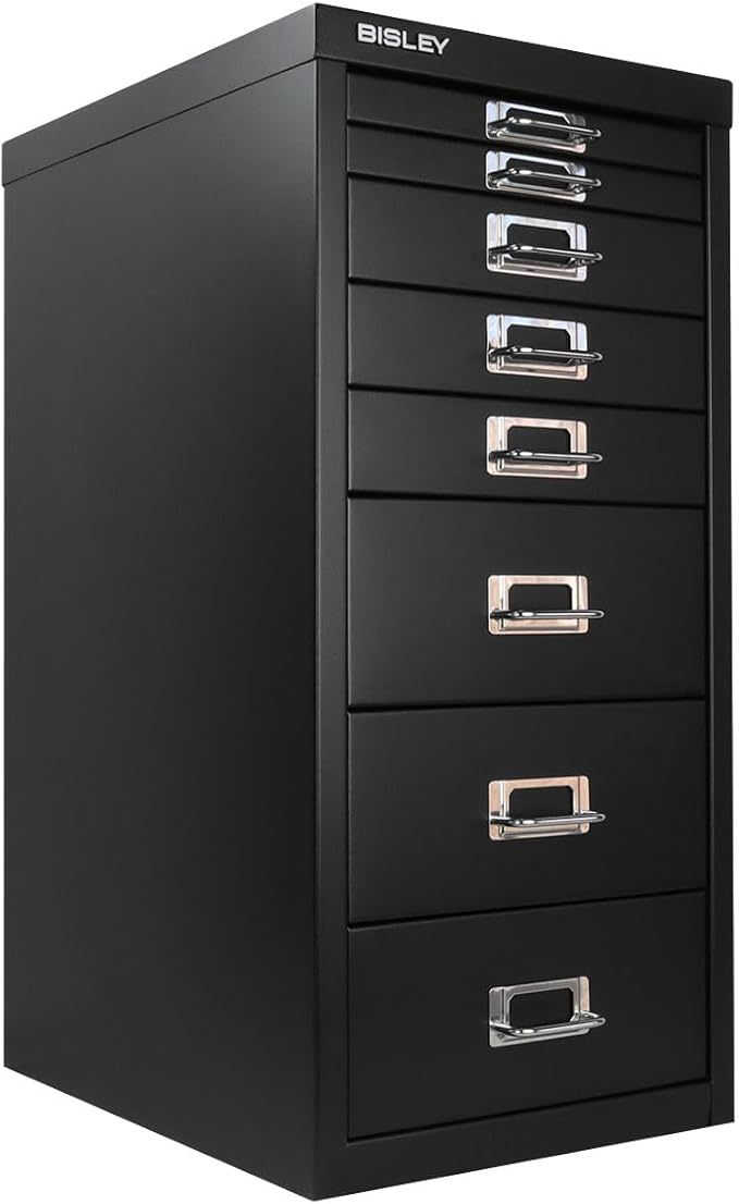 Bisley 8-Drawer Steel MultiDrawer Cabinet - Black | Chrome Pull Handles with Label Holders, Powder-Coated Steel, Removable Drawers, Fits Under Most Desks, Labels Included