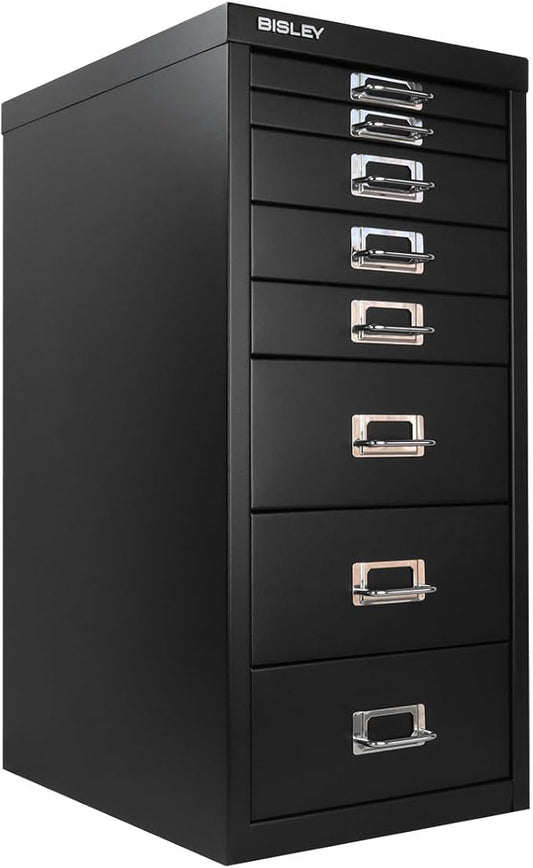 Bisley 8-Drawer Steel MultiDrawer Cabinet - Black | Chrome Pull Handles with Label Holders, Powder-Coated Steel, Removable Drawers, Fits Under Most Desks, Labels Included
