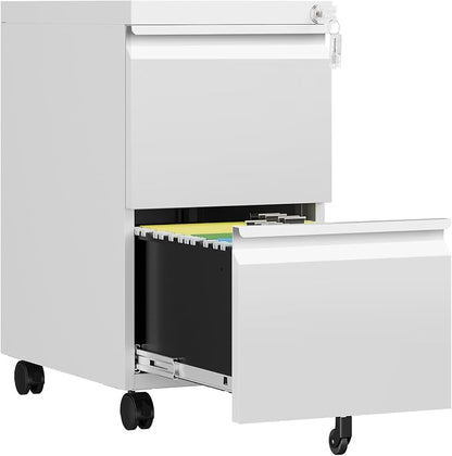 2 Drawer Mobile File Cabinet, Fully Assembled File Cabinets with Lock, Metal Rolling Filing Caninet on Wheels, Small Two Drawer Under Desk Cabnet for Letter/Legal / A4 / File Box - White