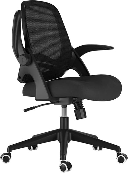 Hbada Office Desk Chair with Flip-Up Armrests and Saddle Cushion, Ergonomic Office Chair with S-Shaped Backrest, Swivel, Mesh, Black