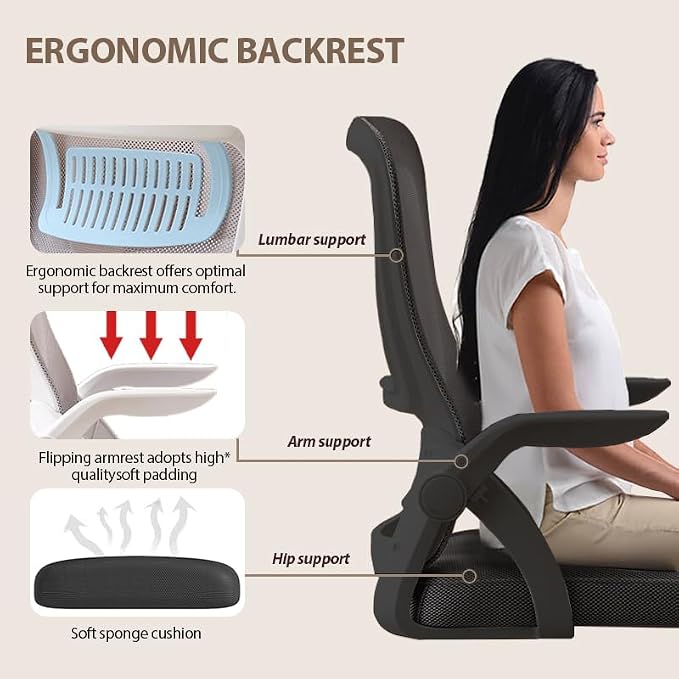 Office Chair, Ergonomic Desk Chair Breathable Mesh Chair Swivel Chair with Flip-Up Arms and Lumbar Support Computer Chair for Home Office