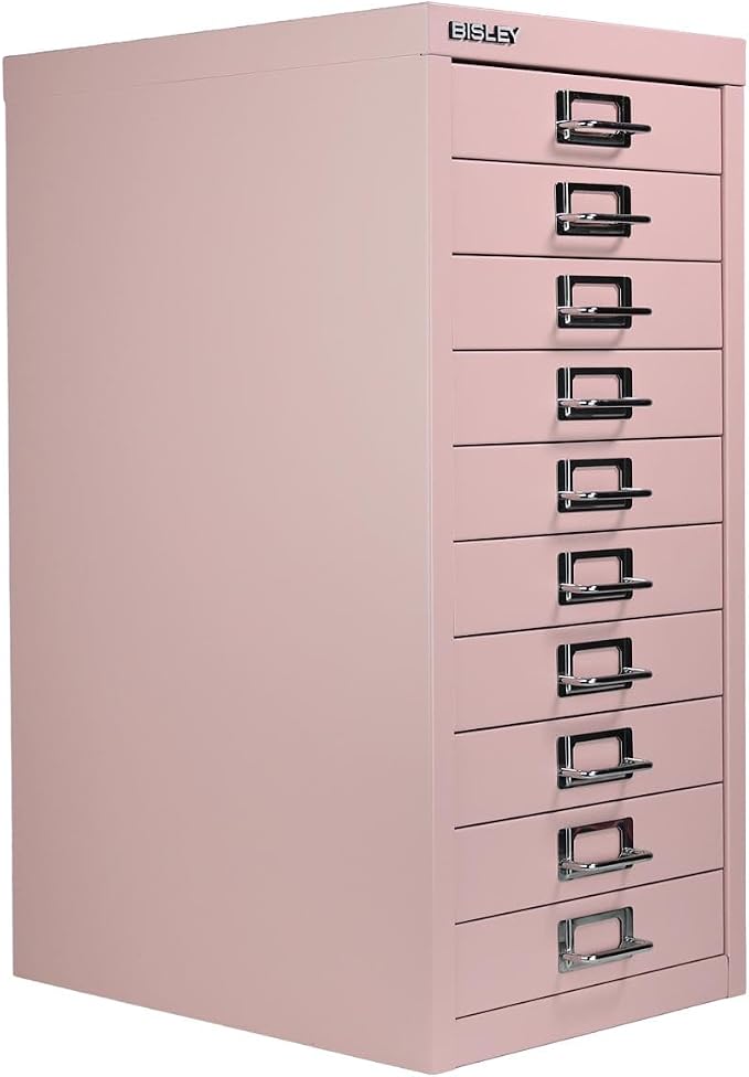 Bisley 10-Drawer Steel MultiDrawer Cabinet - Palest Pink | Chrome Pull Handles with Label Holders, Powder-Coated Steel, Removable Drawers, Fits Under Most Desks, Labels Included