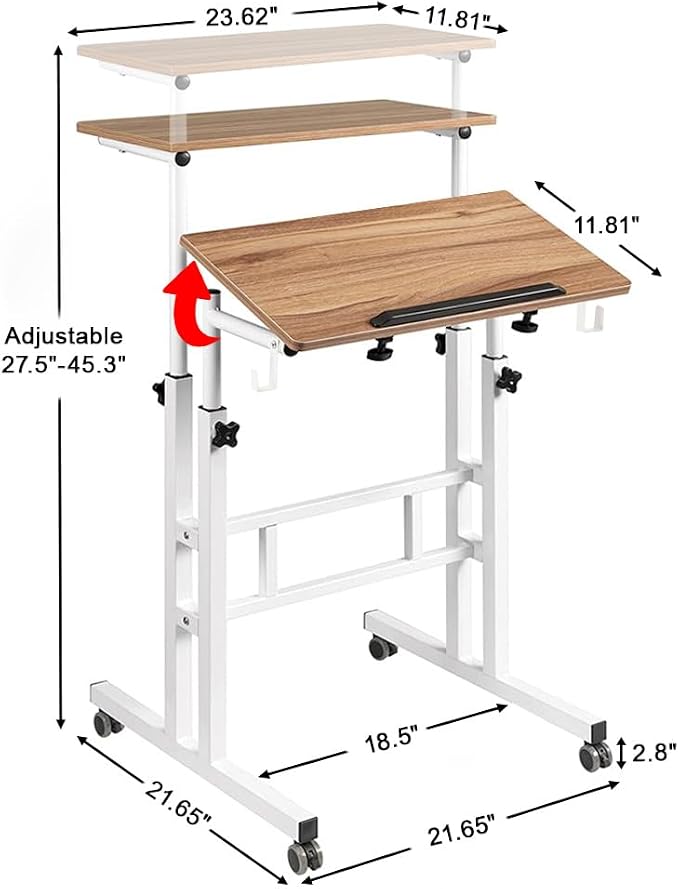 SIDUCAL Small Standing Desk, Portable Stand Up Desk, Height Adjustable Mobile Standing Table Converter with Wheels Computer Workstations, Rolling Laptop Cart for Stand or Sit, Vintage Oak