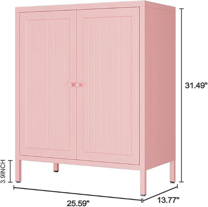 2 Door Metal Storage Cabinet-Small Bathroom Storage Cabinet with 1 Adjustable Shelf,Freestanding Sideboard for Home Office, Living Room, Hallway, Entryway (Striped Door, Pink)