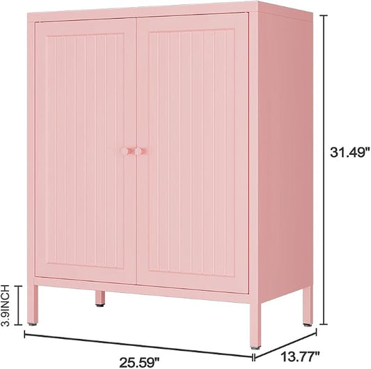 2 Door Metal Storage Cabinet-Small Bathroom Storage Cabinet with 1 Adjustable Shelf,Freestanding Sideboard for Home Office, Living Room, Hallway, Entryway (Striped Door, Pink)