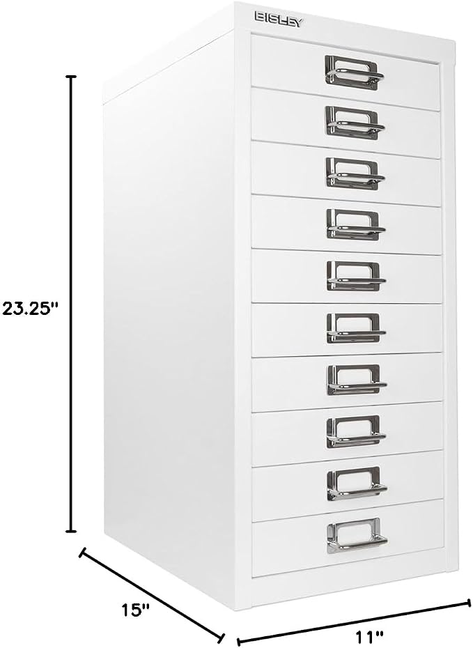 Bisley 10-Drawer Steel MultiDrawer Cabinet - Traffic White | Chrome Pull Handles with Label Holders, Powder-Coated Steel, Removable Drawers, Fits Under Most Desks, Labels Included
