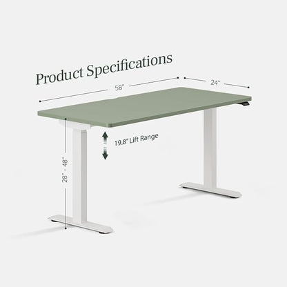 Branch Duo Standing Desk 58 Inches - Adjustable Standing Desk with 20” Range - OLED Control Panel - Frameless Design & Compact Size Suitable for Many Spaces - Sage Top - White Base