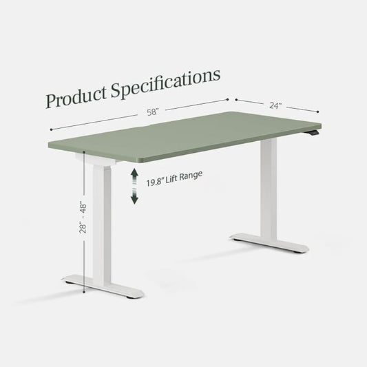 Branch Duo Standing Desk 58 Inches - Adjustable Standing Desk with 20” Range - OLED Control Panel - Frameless Design & Compact Size Suitable for Many Spaces - Sage Top - White Base