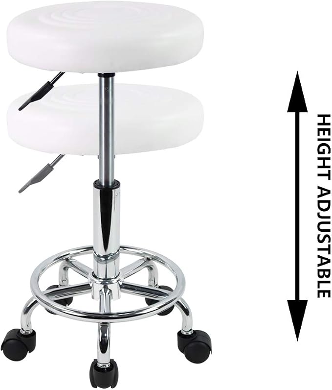 KKTONER PU Leather Modern Round Rolling Stool with Footrest Height Adjustable Spa Drafting Salon Tattoo Work Massage Stools Task Chair Small (White)