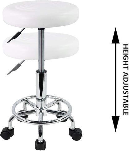 KKTONER PU Leather Modern Round Rolling Stool with Footrest Height Adjustable Spa Drafting Salon Tattoo Work Massage Stools Task Chair Small (White)