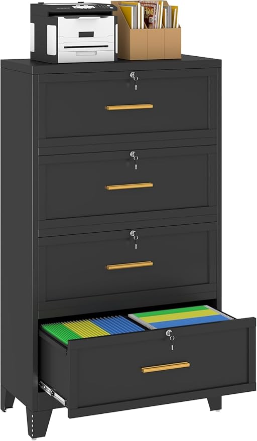 Metal Lateral File Cabinet with Lock,4 Drawer Steel Wide Filing Organization Storage Cabinets,Office Filing Cabinet for Letter/A4/F4 Size with Hanging Files&Key,Lockable Cabinets for Home Office