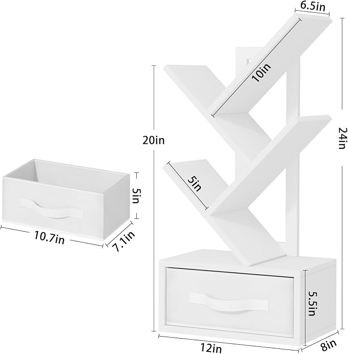 SHEEPAM Small Bookshelf with Drawer,4 Tier Tree Book Shelf,Wood Desk Bookshelves,Modern Free Standing Desktop Display Shelves,White Floor Standing Organizer Bookcase for Living Room,Bedroom,Office
