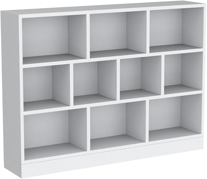 IOTXY Open Shelf Low Bookcase - Wooden 3-Tier Floor Standing Display Cabinet Organizer with Base, 10 Cubes Short Horizontal Bookshelf in Warm White