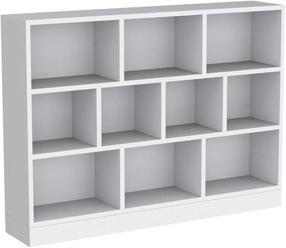 IOTXY Open Shelf Low Bookcase - Wooden 3-Tier Floor Standing Display Cabinet Organizer with Base, 10 Cubes Short Horizontal Bookshelf in Warm White