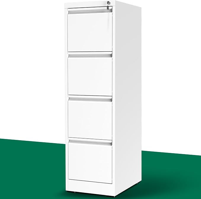 4 Drawer File Cabinet with Lock, Metal Vertical Filing Cabinet, Filing Cabinets for Home Office, Locking File Cabinet Hanging Files for A4/ Legal/Letter, Require Assembly, White