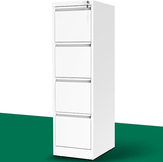 4 Drawer File Cabinet with Lock, Metal Vertical Filing Cabinet, Filing Cabinets for Home Office, Locking File Cabinet Hanging Files for A4/ Legal/Letter, Require Assembly, White