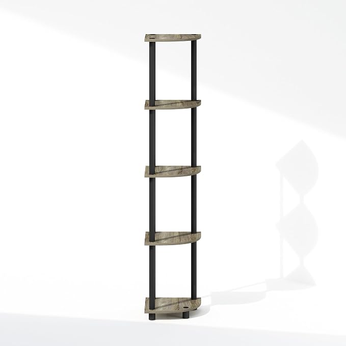Furinno Turn-N-Tube Storage Shelves, 5-Tier Book Shelf, Corner Shelf, Toolless Open Shelves, for Organization and Storage, Living Room, Home Office, Hallway, Bedroom, French Oak