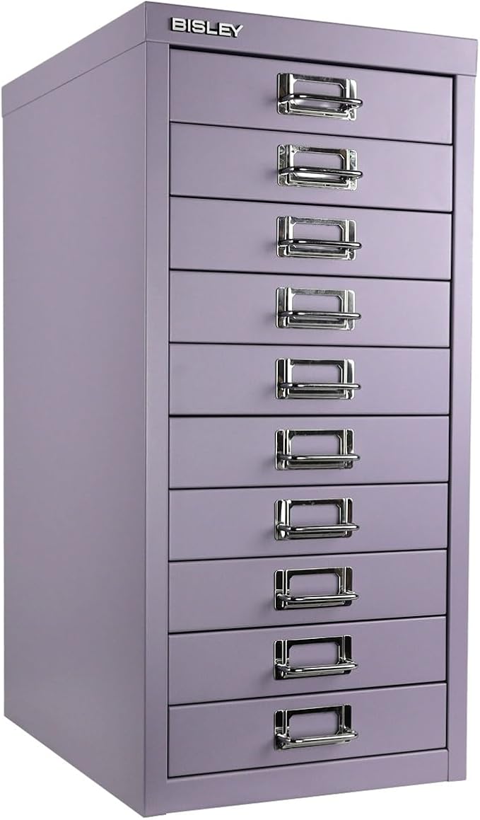 Bisley 10-Drawer Steel MultiDrawer Cabinet - Lilac | Chrome Pull Handles with Label Holders, Powder-Coated Steel, Removable Drawers, Fits Under Most Desks, Labels Included