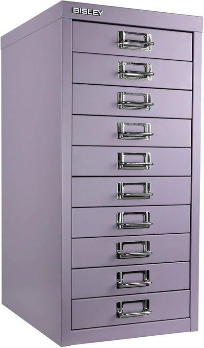Bisley 10-Drawer Steel MultiDrawer Cabinet - Lilac | Chrome Pull Handles with Label Holders, Powder-Coated Steel, Removable Drawers, Fits Under Most Desks, Labels Included