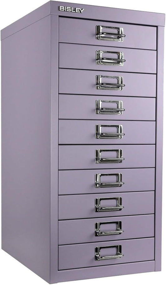 Bisley 10-Drawer Steel MultiDrawer Cabinet - Lilac | Chrome Pull Handles with Label Holders, Powder-Coated Steel, Removable Drawers, Fits Under Most Desks, Labels Included