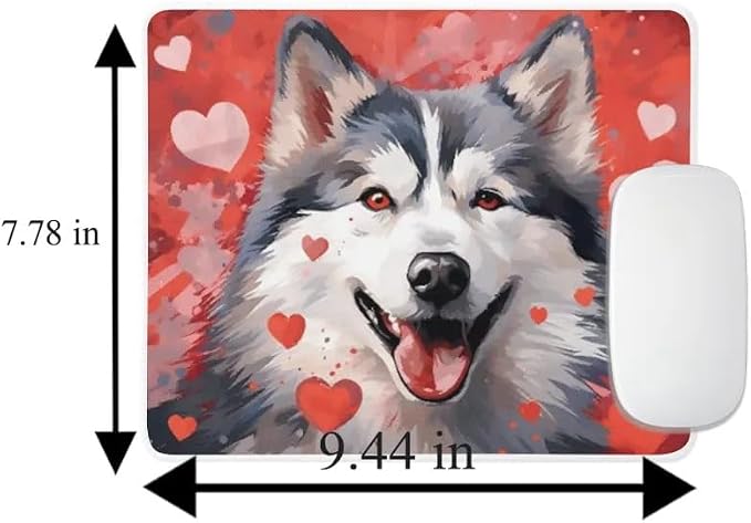 Alaskan Malamute Mouse Pad Dog with Red Hearts Pattern Non-Slip Rubber Mouse Pad Puppy in Love Mouse Pad for Home Office Work Desk Computer Desktop Laptop for Dog Lovers