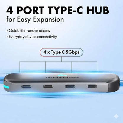 Type C to 4 in 1 Type C Hub, Wozoyo 4XType C 5 Gbps, Data Transfer Upto 5Gbps, Plug & Play, Multiport Type C Hub with 30cm Cable, Compatible with MacBook, Tablet, Smartphones and Type C Devices