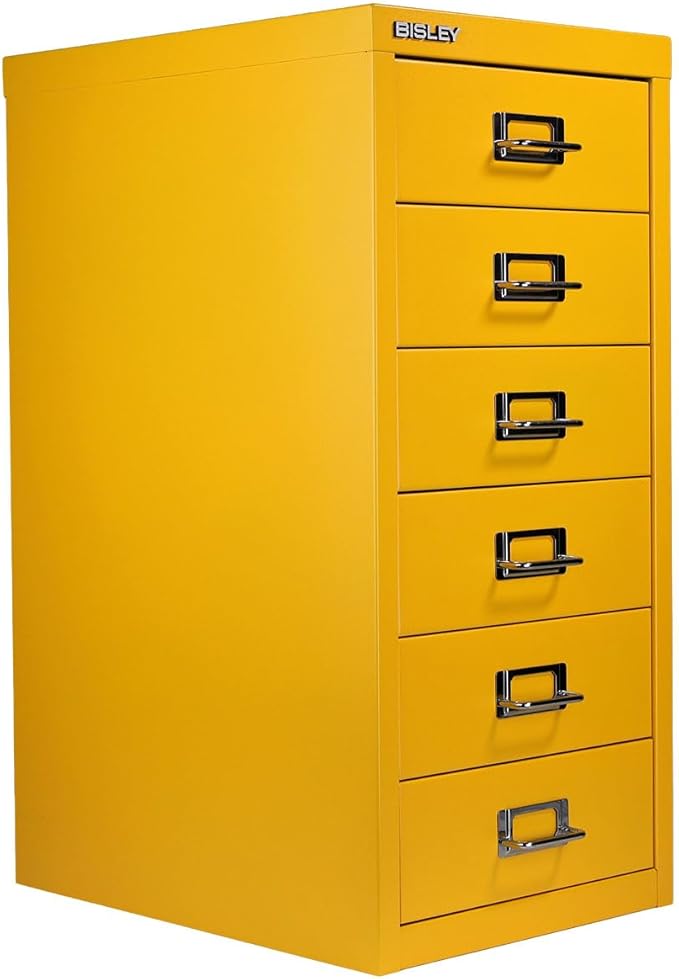 Bisley 6-Drawer Steel MultiDrawer Cabinet - Golden Sunflower Yellow | Chrome Pull Handles with Label Holders, Powder-Coated Steel, Removable Drawers, Fits Under Most Desks, Labels Included