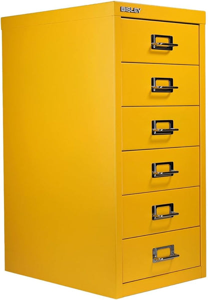 Bisley 6-Drawer Steel MultiDrawer Cabinet - Golden Sunflower Yellow | Chrome Pull Handles with Label Holders, Powder-Coated Steel, Removable Drawers, Fits Under Most Desks, Labels Included
