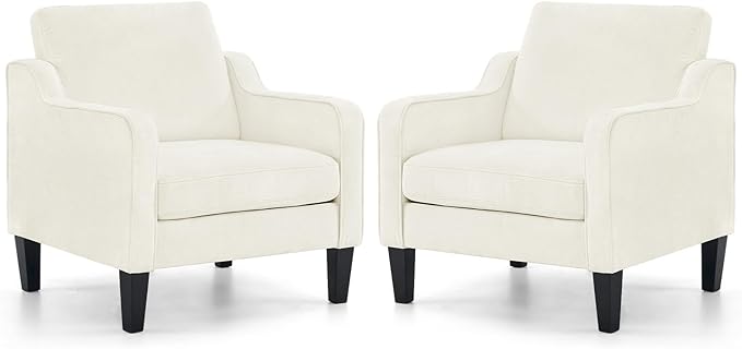 VINGLI Accent Chairs Set of 2 White Chenille Living Room Chairs Reading Chair for Bedroom Scooped Arm Chair Mid Century Modern Accent Chair Upholstered Comfy Chair for Apartment, Waiting Room