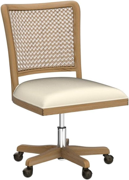 Modern Home Office Chair Comfortable Upholstered Armless Desk Chair, Adjustable Swivel Rolling Computer Chair with Rattan Mid-Back Support, Beige