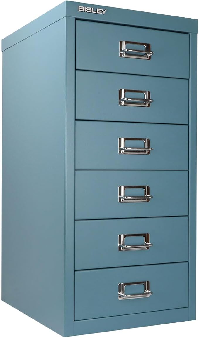 Bisley 6-Drawer Steel MultiDrawer Cabinet - Doulton Blue | Chrome Pull Handles with Label Holders, Powder-Coated Steel, Removable Drawers, Fits Under Most Desks, Labels Included