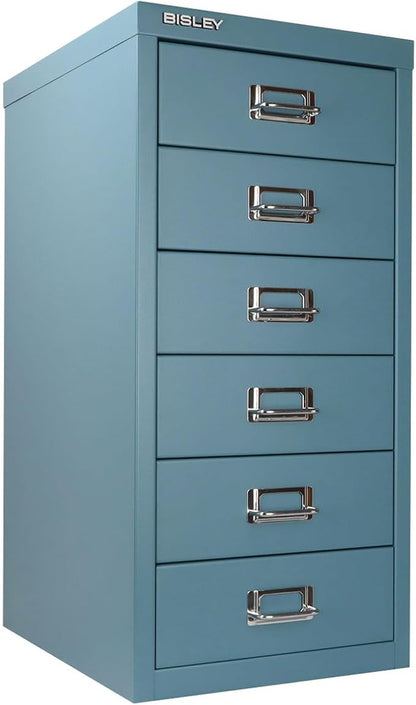 Bisley 6-Drawer Steel MultiDrawer Cabinet - Doulton Blue | Chrome Pull Handles with Label Holders, Powder-Coated Steel, Removable Drawers, Fits Under Most Desks, Labels Included