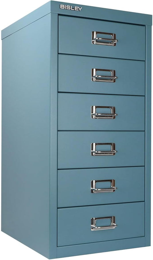 Bisley 6-Drawer Steel MultiDrawer Cabinet - Doulton Blue | Chrome Pull Handles with Label Holders, Powder-Coated Steel, Removable Drawers, Fits Under Most Desks, Labels Included