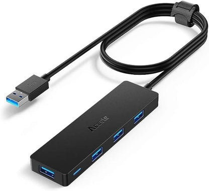 Aceele USB Hub 3.0 Splitter with 4ft Extension Long Cable Cord, 4-Port Ultra-Slim Multiport Expander for Desktop Computer PC, Laptop, Chromebook, Mac mini, iMac, PS4, Flash Drive Data and More