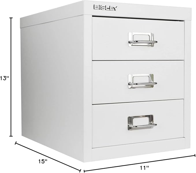 Bisley 3-Drawer Steel MultiDrawer Cabinet - Traffic White | Chrome Pull Handles with Label Holders, Powder-Coated Steel, Removable Drawers, Desktop Storage, Labels Included